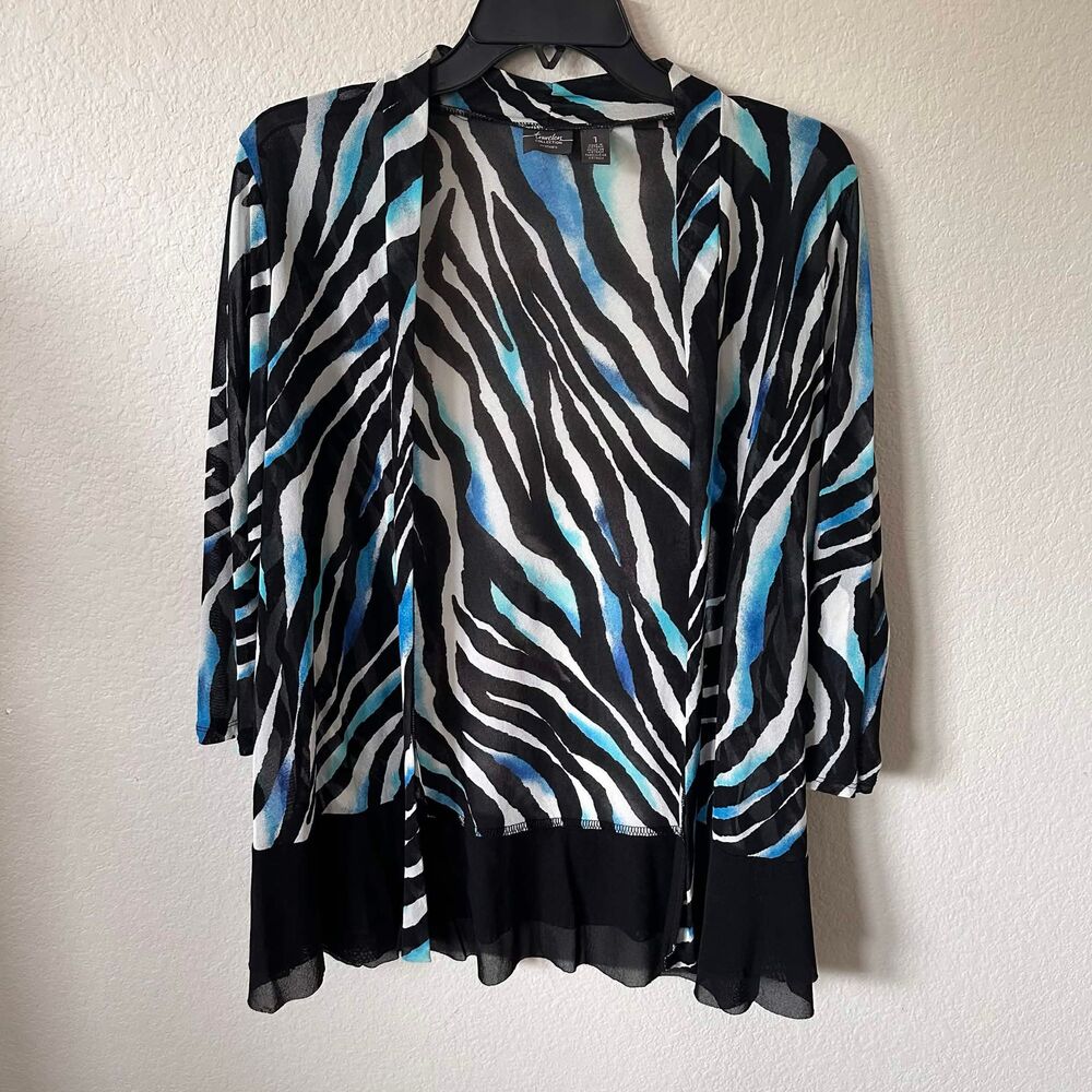 Chico's Travelers Collection Zebra Mesh Cardigan Blue Cover Up Size 1 M 8/10